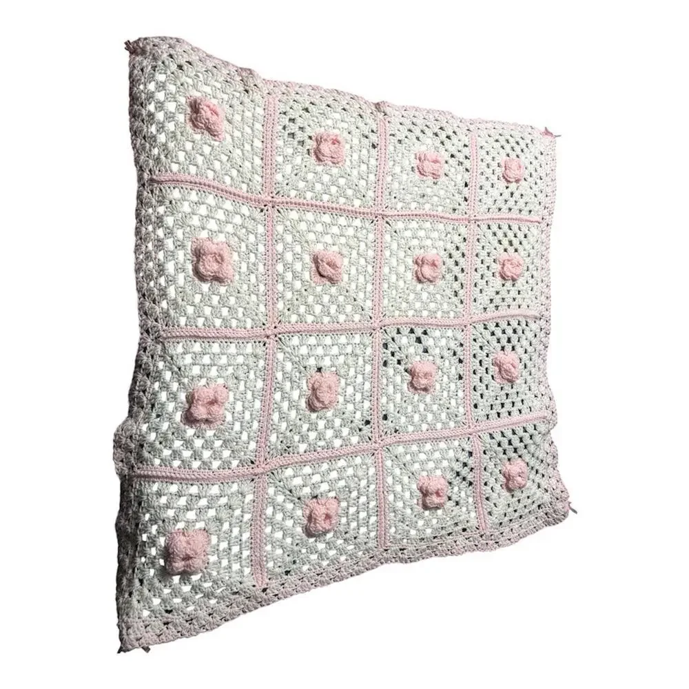 Handmade Crochet Blanket – 42” x 42” – Pink‎ & White – Excellent Condition
